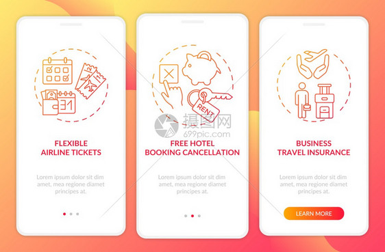 旅行保险通过三步图示指UI矢量模板配有RGB彩色插图相关营销提示装有概念的移动应用程序页面屏幕图片