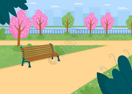 位于河附近的城市公园位于春季平面彩色矢量示意图中街道步行开绿树户外风景公共花园的通道春季2D卡通城市风景背有天线春季平面彩色矢量图片