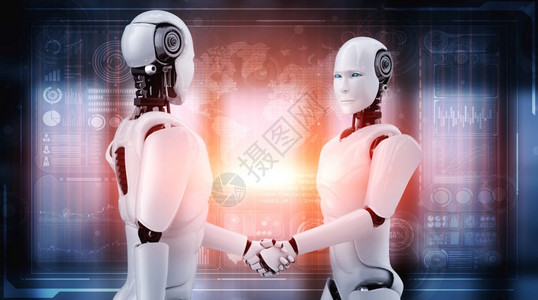 3D使人类机器握手通过AI思考大脑人工智能和机器学习过程为第四次工业革命协作开发技术使人类机器握手以合作未来技术图片