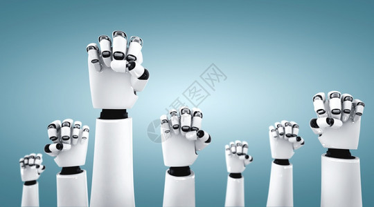 机器人手举起来庆祝通过使用人工智能思维和机器学习过程在第四次工业革命中取得的成功3D插图机器人手举起来庆祝通过使用人工智能而取得图片