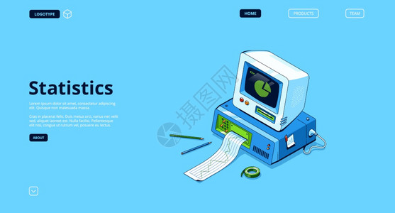 统计横幅分析和研究资料附有信息图表的数据报告矢量着陆页带有打印机图表和屏幕上的逆向计算机等量图示矢着陆页统计和数据分析图片