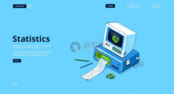 统计横幅分析和研究资料附有信息图表的数据报告矢量着陆页带有打印机图表和屏幕上的逆向计算机等量图示矢着陆页统计和数据分析图片