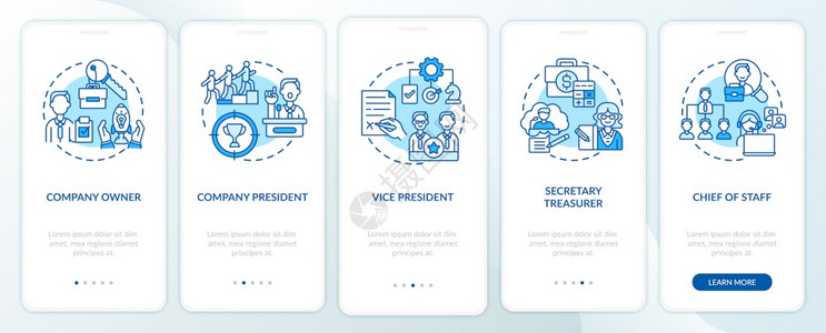 公司上层管理职位在带有概念的移动应用程序页面屏幕上登公司总裁通过5步图形指示带有RGB颜色插图的UI矢量模板公司上层管理职位在带图片