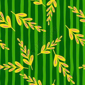 光亮无缝植物图案配有随机黄色树枝装饰物绿条形背景适合织物设计纺品印刷包装封面矢量插图光亮无缝植物图案配有随机黄色树枝装饰物绿条形图片