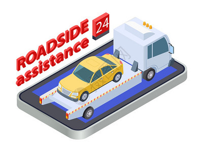 道路援助概念实干拖车在线路边援助汽车服务移动应用程序自援助车辆服务路边插图图片