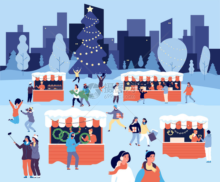 圣诞节市场晚上在城场广的摊位上购买零食和礼品冬季假日病媒概念圣诞节传统日冬季假病媒概念图片