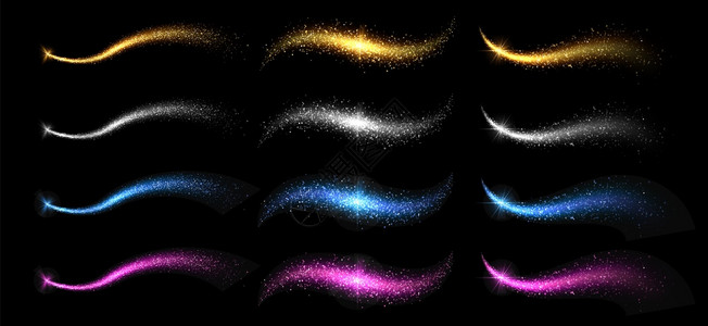 闪星尘金银的魔法矢量波黑色背景上的闪光元素亮的闪光和波闪魔法尘黑色背景上的闪亮元素图片
