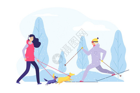 冬季户外遛狗和滑雪的人图片