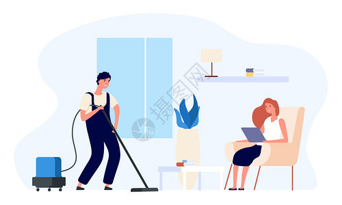 男人吸尘器打扫房子的插图快乐一对平板夫妇日常的病媒概念清洁的例行公事人做家务类吸尘器日常的病媒概念图片