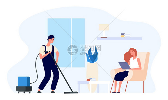 男人吸尘器打扫房子的插图快乐一对平板夫妇日常的病媒概念清洁的例行公事人做家务类吸尘器日常的病媒概念图片