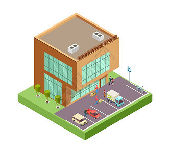 3D建筑人员停车汽的地点硬件商店矢量说明建造硬件商店和建筑外部修理计量硬件商店图片