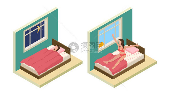 睡醒女孩卧室向量女孩睡在床上图片