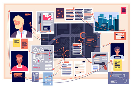 侦探委员会调查仪表板上面贴有固定的照片报纸和条侦探证据研究计划矢量概念犯罪侦探调查和搜索说明侦探委员会上面贴有固定照片报纸和条的图片