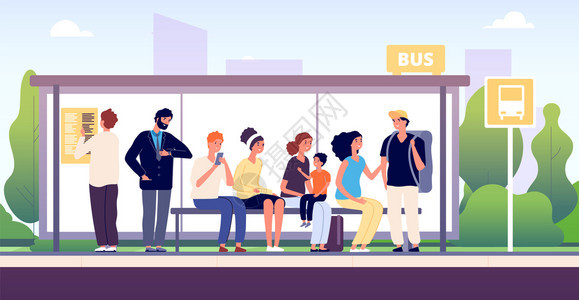 城市社区交通等候公共汽车的乘客站在一起城市公共交通卡矢量概念城市交通说明的公共汽车站的人等待公共汽车站在一起的乘客图片