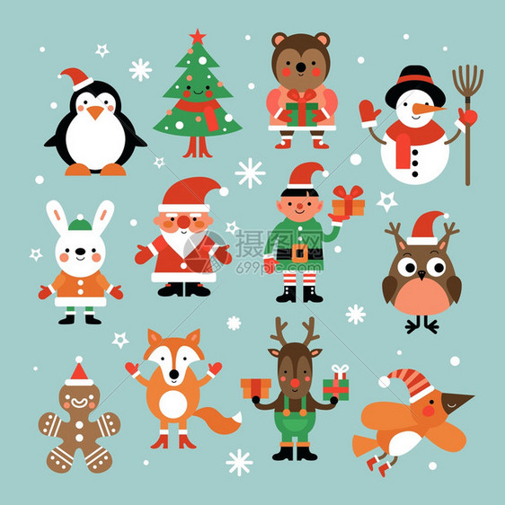 圣诞人物克劳斯firtree和企鹅雪人精灵猫头鹰野兔鹿姜饼人卡通矢量组合圣诞雪人和企鹅鹿精灵插图兔子和猫头鹰图片