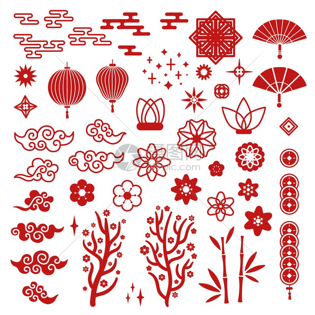 新年元素红亚洲传统模式云和装饰莲花东方灯笼樱花和风扇矢量套装传统亚洲云卡和装饰莲花图片