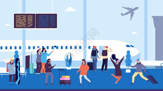 冬季旅行乘客等待飞会见和护送人员携带手提箱的人在机场病媒旅行说明飞冬季带李的旅携带手提箱的人在机场图片