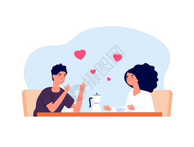 在咖啡馆里聊天的男女朋友卡通矢量插画图片