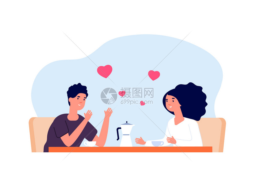 在咖啡馆里聊天的男女朋友卡通矢量插画图片