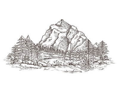 手宇宙山地景观草图自然涂鸦山谷全景创意绘画山森林和岩石原始矢量图