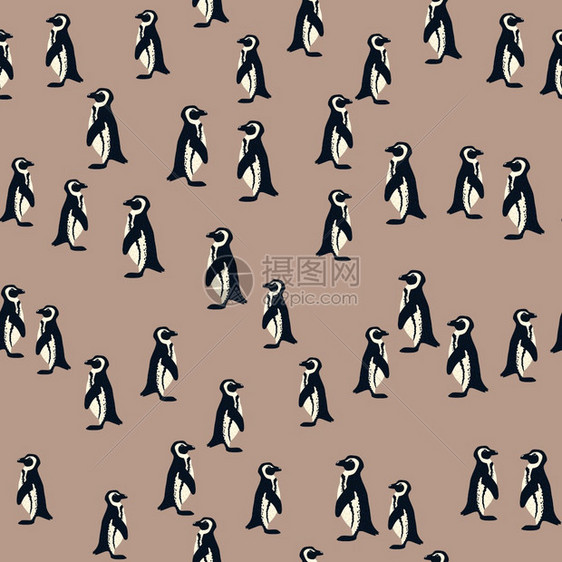 动物环形无缝抽象图案上面有涂鸦企鹅的环形图案Beige背景适合织物设计纺品印刷包装封面矢量说明动物环形无缝图案上面有涂鸦企鹅的环图片
