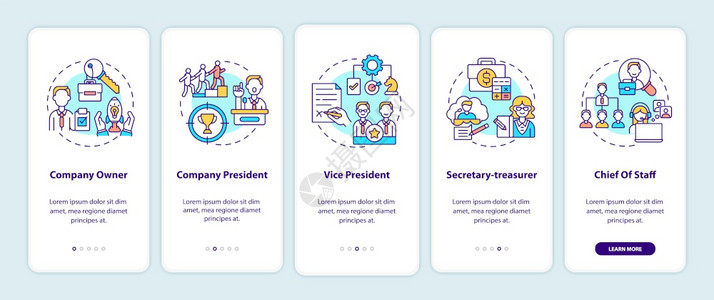 公司上层管理职位在带有概念的移动应用程序页面屏幕上登公司所有人通过5步图形指示带有RGB颜色插图的UI矢量模板公司上层管理职位在图片