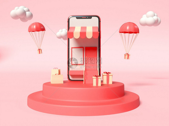 3D说明智能手机屏幕上有一个商店另边有礼品盒在线购物概念图片