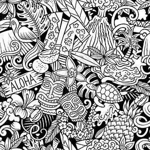 卡通doodles夏威夷无缝图案以夏威夷文化符号和物品进行回溯Sketchy详细包含许多布料纺织品贺卡电话箱围巾包装纸上打印的对图片