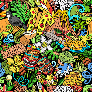 卡通doodles夏威夷无缝图案以夏威夷文化符号和项目进行回击色彩繁多的细节包括织物纺品贺卡电话箱围巾包装纸上打印的许多对象背景图片