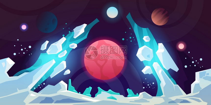 行星景观外人未来科学小说动画背景 与陌生人行星的游戏小说场景行星的黑暗天空际间银河全景矢量水平背行星的游戏小说场景星际全矢量横向背插画图片下载 正版图片 摄图网