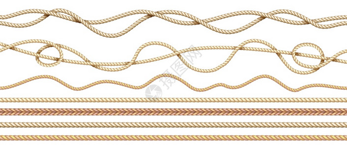 3D天然水手切线无缝黄麻绳与相互交织的纹理界断开的直线和弯曲海洋延绳索风格的矢量结绳现实的索自然曲线缝合的黄麻绳与相互交织的纹理图片