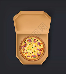 3D纸板盒带有传统的意大利餐配有奶酪沙拉米和蔬菜开放的木匠广场集装箱供送披萨用于品牌的矢量菜单模型配有披萨的包装3D纸板盒配有传图片