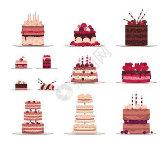 卡通蛋糕巧克力和水果美味甜点婚礼糕和生日派传统盛宴用奶油或浆果和蜡烛装饰的甜食鲜奶油或浆果和蜡烛温柔的餐点巧克力和水果美味的甜点图片