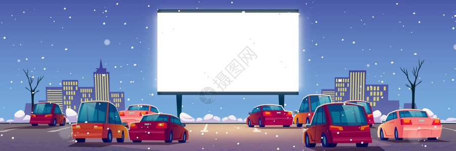 汽车视频夜间冬季露天停车城市矢量插画插画