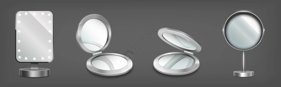 立方和紧凑圆环盒中的化妆镜矢量现实的3D虚空表模型和银金属框中被灰色背景隔绝的空面镜化妆桌空面图片