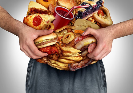 肥胖和营养或不健康的饮食作为超重脂肪者的正面观点胃部由垃圾食品作为医疗饮问题和高胆固醇用3D插图作为生活方式图片