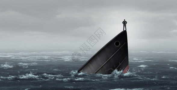 沉船比喻和失败的商业绝望概念是一个在海上迷失的陷入困境商人作为一个失败的公司在金融危机中失败或者迷需要职业或财务帮助才能以3D插图片