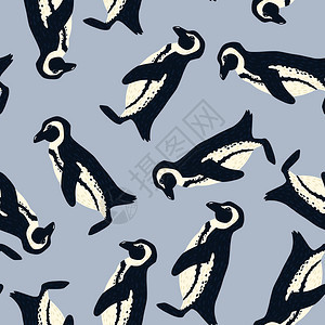 最小动物园无缝模式配有卡通随机企鹅休眠带浅蓝色背景适合织物设计纺品印刷包装封面矢量插图浅蓝色背景图片