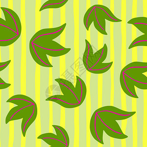 无缝植物图案带有绿色随机叶片抽象印刷黄色条纹背景织物设计纺品印刷包装封面的饰背景矢量图解绿色随机叶片抽象印刷黄色条纹背景图片