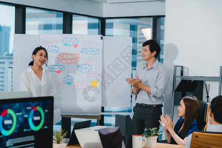 亚洲商人和女在集思广益的想法下通过企业介绍项目同事共制定计划成功战略在小型现代办事处享有团队精神图片
