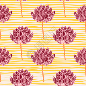 Bloom无缝图案有深粉色莲花的首饰橙色条纹背景对织物设计纺品印刷包装封面矢量插图而言很好光色条纹图案有深粉色红花的首饰橙色条纹图片