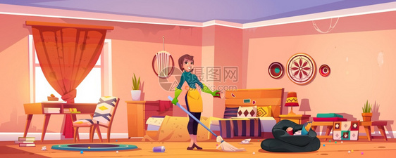 母亲家庭主妇或清洁服务人员用扫帚戴橡胶手套和围裙站在乱七八糟的室内用散落垃圾的卡通病媒说明图片