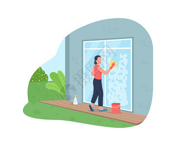 洗刷外部窗口2D矢量网站横幅海报家庭务在卡通背景上从事家务劳动的妇女春露天清洁可打印的补丁多彩网络元素图片