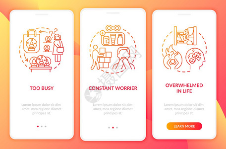 带概念的移动应用程序页面屏幕上的Clutter个类型恒定worrier走过3步图形指示带有RGB颜色插图的UI矢量模板带有概念的图片