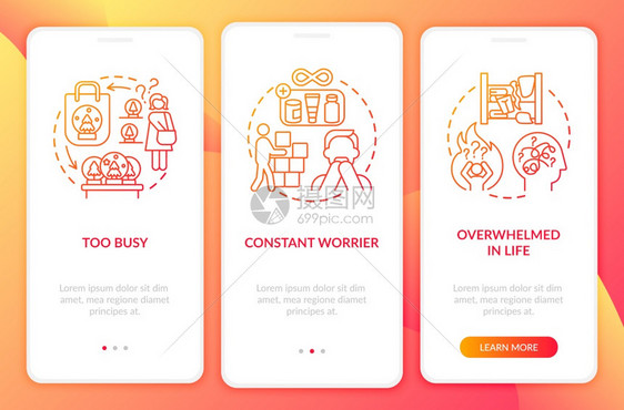 带概念的移动应用程序页面屏幕上的Clutter个类型恒定worrier走过3步图形指示带有RGB颜色插图的UI矢量模板带有概念的图片