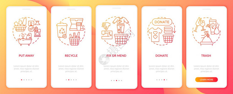 带概念的移动应用程序页面屏幕上解密分类回收东西下移步过5图形指示带有RGB颜色插图的UI矢量模板带概念的移动应用程序页面屏幕上解图片