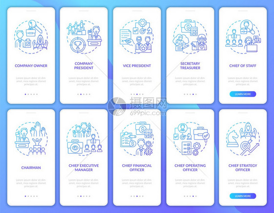 上层管理设置了概念的移动应用程序页面屏幕控制组织公司Ceo横过10步图形指示带有RGB颜色插图的UI矢量模板上层管理设置了概念的图片