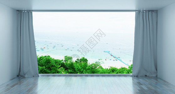 海景最差的豪华滨别墅从平台现代设计空白色房间和海景高处的看3D翻譯暑假度池别墅内最小的建筑设计背景图片