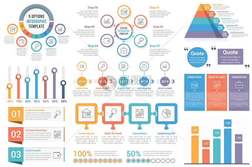图表元素圆形图表时间条形图金字塔步骤选项矢量eps10插图图片