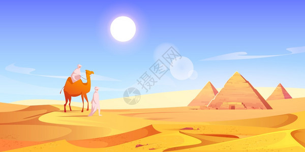 埃及沙漠中有两个人和骆驼有金字塔用阿拉伯贝杜因黄沙丘古老法和天空中炎热的太阳描绘着风景的矢量漫画在埃及沙漠中有两个人和骆驼有金字图片